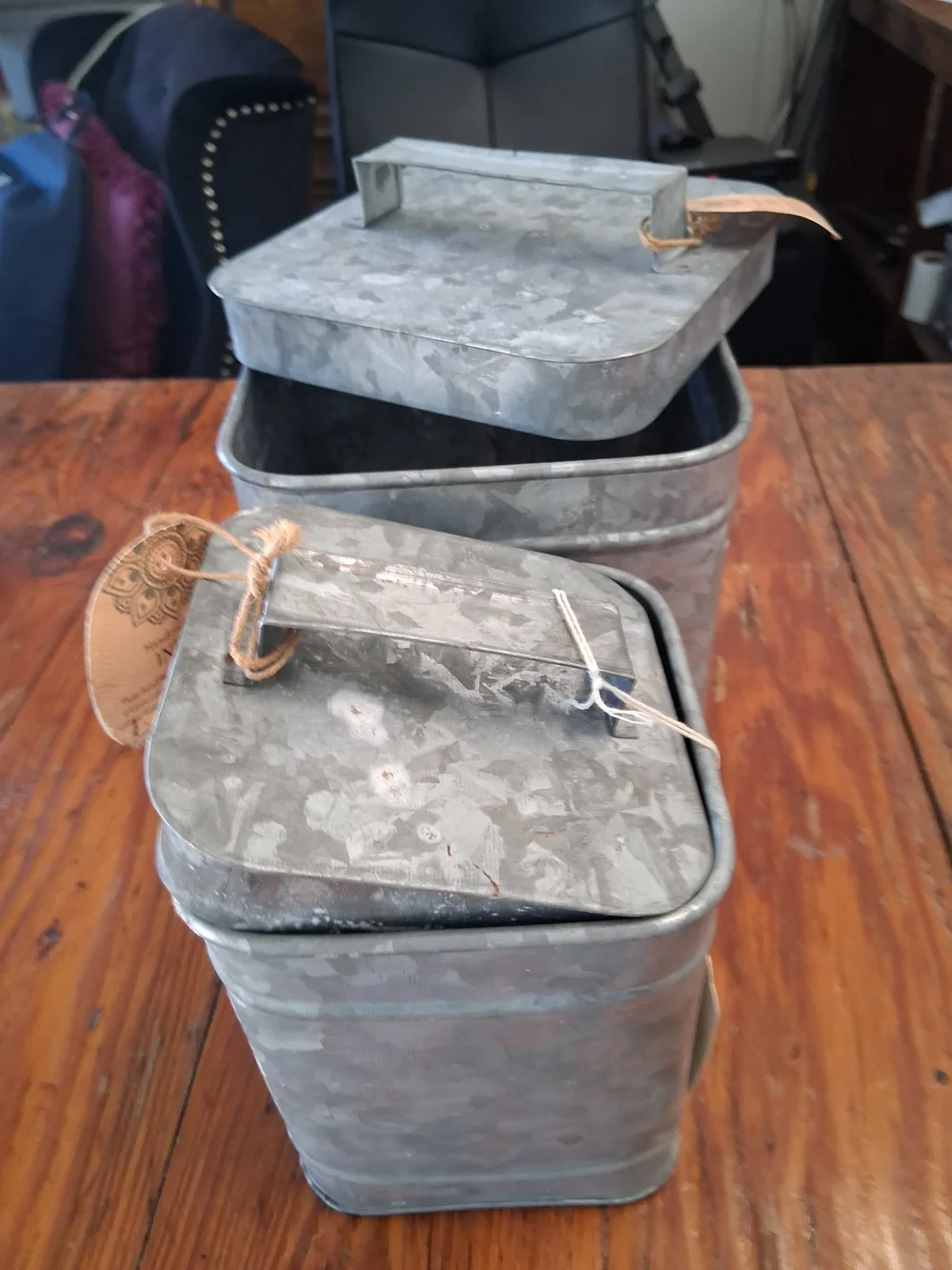 Galvanized Metal Square Lidded Storage Canisters - Set of 2